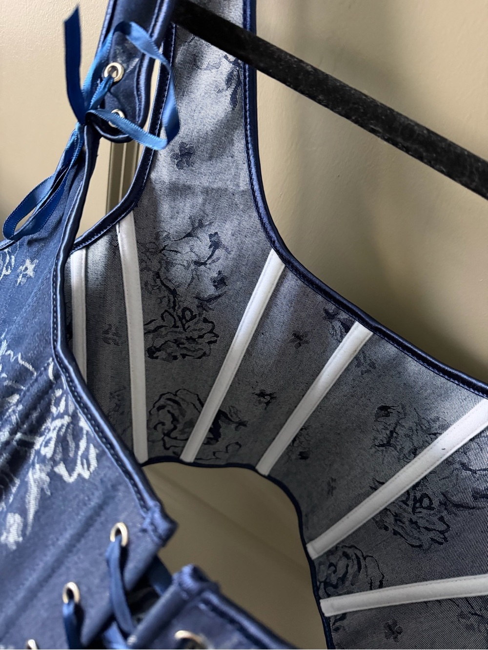Handmade Navy Blue Corset Top, Renaissance Overbust, Front Lace Bustier - Picture 4 of 16